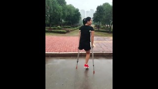 Chinese Rhd Amputee Crutching In Daisy Dukes