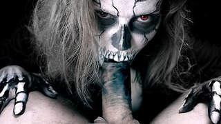 Horror Porn. Skeleton Lady Gives Blowjob and Jerks Off to Male