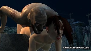 Sexy 3D-babe geneukt op een kerkhof door een Zombie