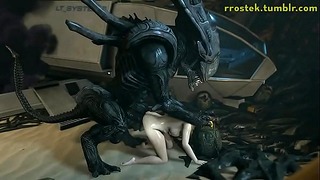 Ruwe 3D-animatie Samus en Aliens keelneuk en vaginaal