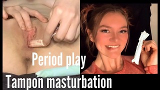 Период мастурбации с игрой с тампоном и введением! Сексуальная белая крошка Emily R