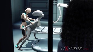 Außerirdischer Lesbensex im Science-Fiction-Labor. Weiblicher Android spielt mit einem Außerirdischen