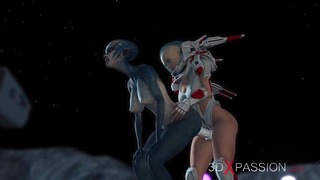 Mimozemský sex. Kosmická žena ve skafandru si hraje s mimozemšťanem na exoplanetě