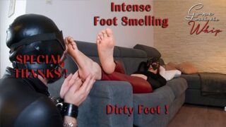 Foot Slave Smells Sweaty Sexy Feet While Redhead Mistress Is Relaxing In Red Leather Leggings