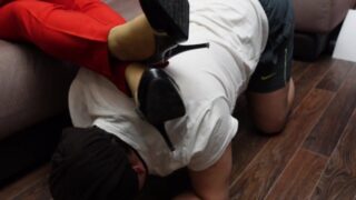Mistress Nylon Feet Shoes Puts Feet On Slave Collar Handcuffed Femdom