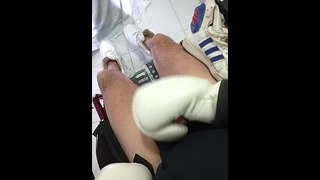 Wheelchair jerkoff in Adidas boxe gloves and Nike af1. Paraplegic