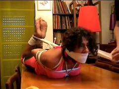 Mature hogtied barefoot, re-gagged